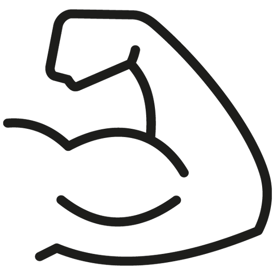 Einfacher schwarzer Umriss eines gebeugten muskulösen Arms, der Stärke oder Fitness symbolisiert, auf weißem Hintergrund.