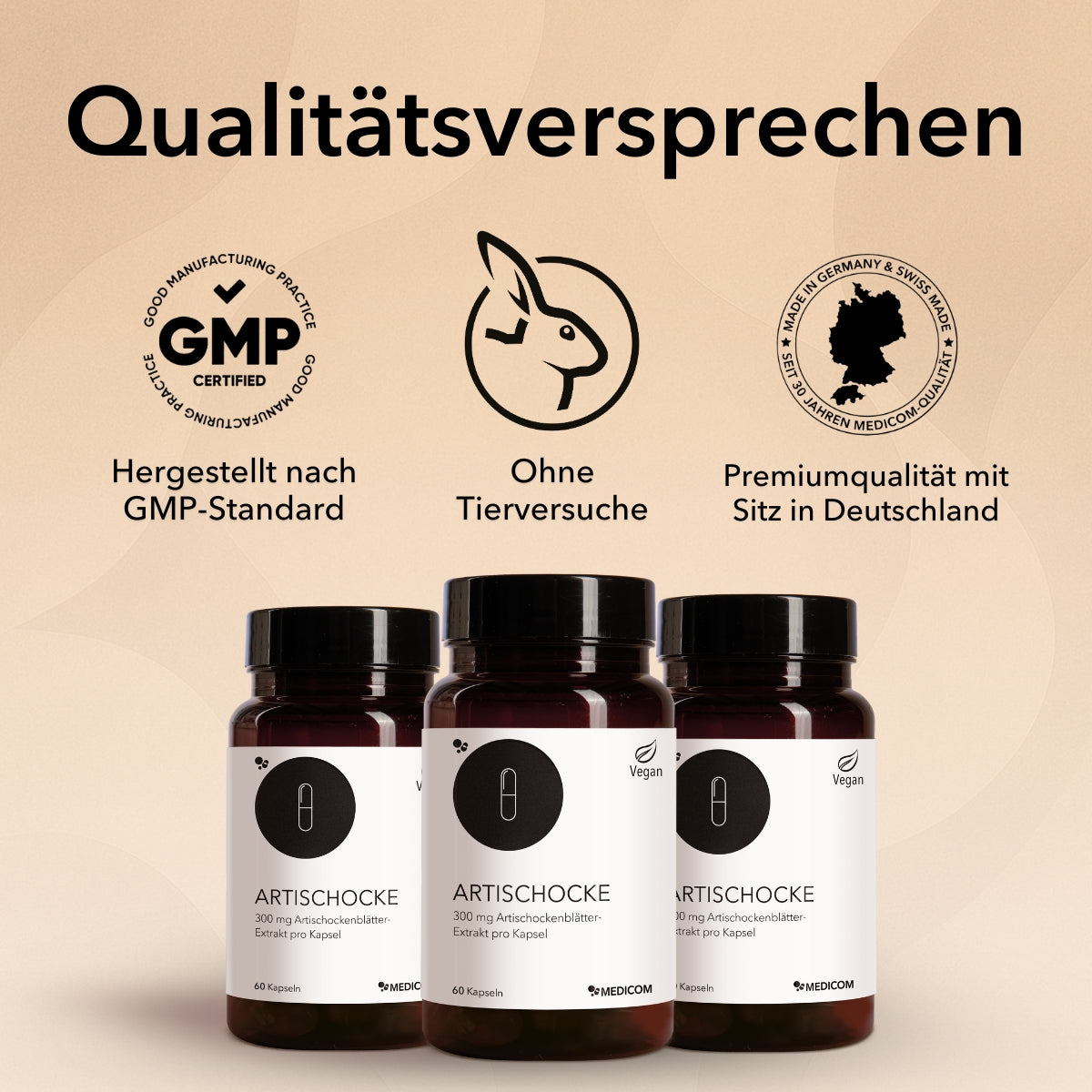 Qualitätssiegel und Zertifikate zu Artischocke: hergestellt nach GMP-Standard, ohne Tierversuche, Premiumqualität mit Sitz in Deutschland.