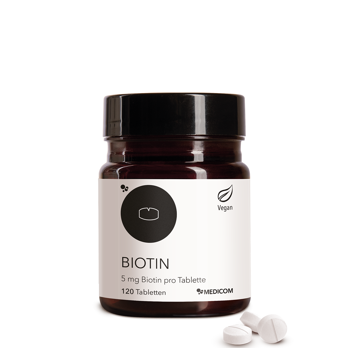 Die Produktdose von Biotin. 1 Tablette mit 5 mg Biotin