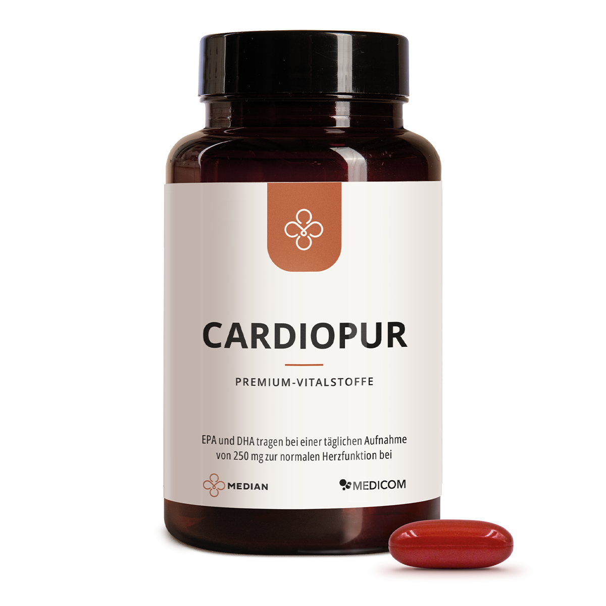 A brown bottle labeled Median Cardiopur with a red Cardiopur-Kapseln, containing Omega-3-Fettsäuren, is placed in front of it on a white background.