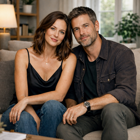 Ein Paar (Frau und Mann) sitzt auf der Couch und schaut in die Kamera