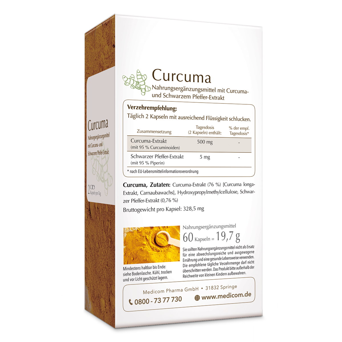 Die Rückansicht der Produktpackung von Curcuma mit Angabe der Verzehrempfehlung, Zusammensetzung und der Zutaten