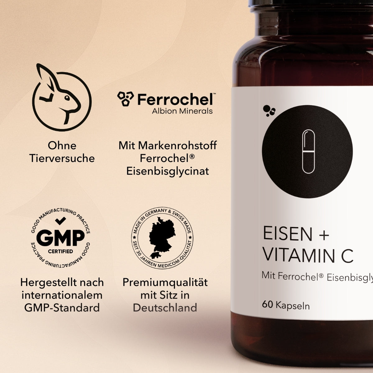 Zertifikate und Qualitätssiegel von Eisen + Vitamin C, z.B. mit Markenrohstoff Ferrochel® Eisenbisglycinat, ohne Tierversuche, hergestellt nach GMP-Standard und Premiumqualität mit Sitz in Deutschland