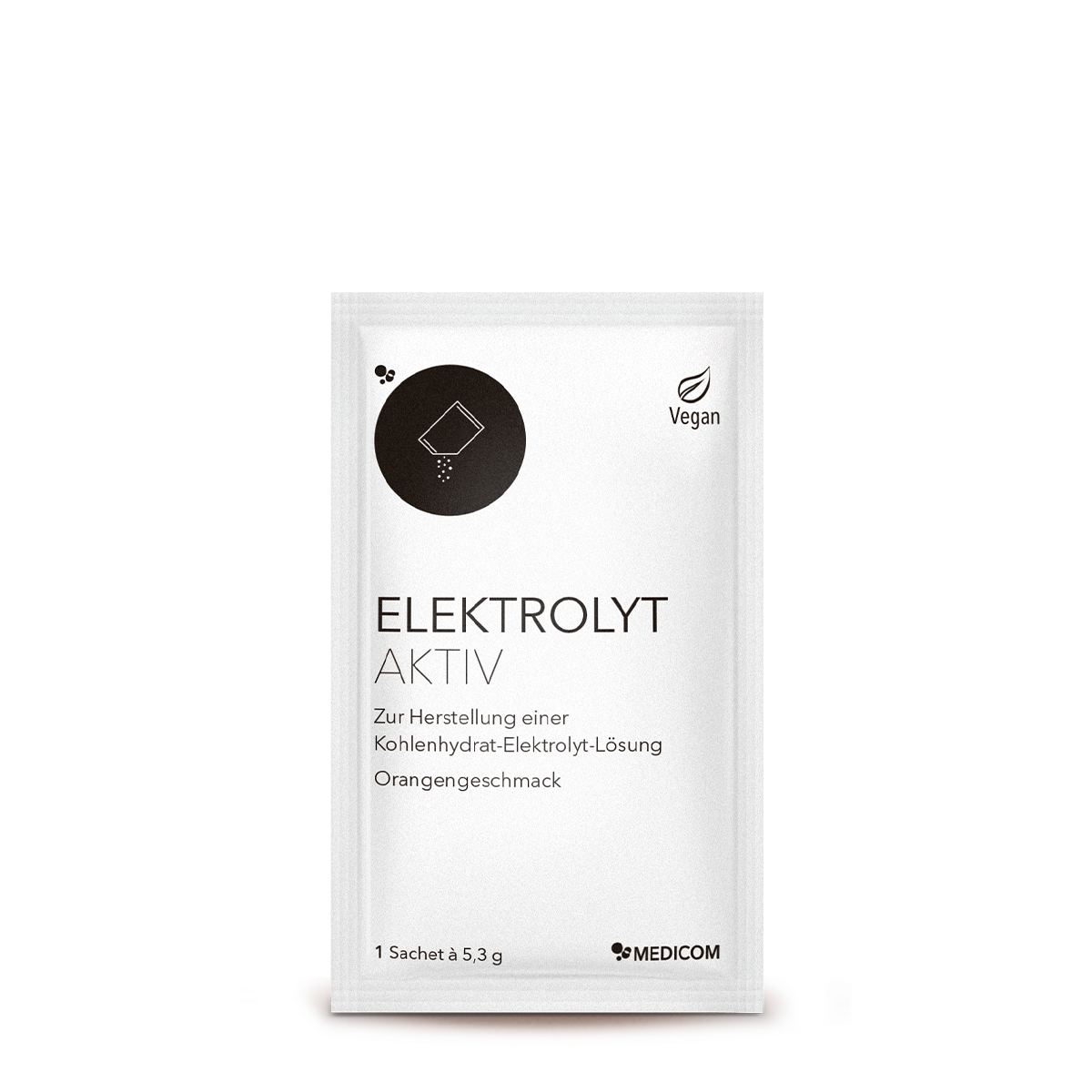 Ein weißes Päckchen – das Sachet von Medicom Elektrolyt Aktiv Pulver mit Orangengeschmack, 100 % vegan, pro Sachet 5,3 g.