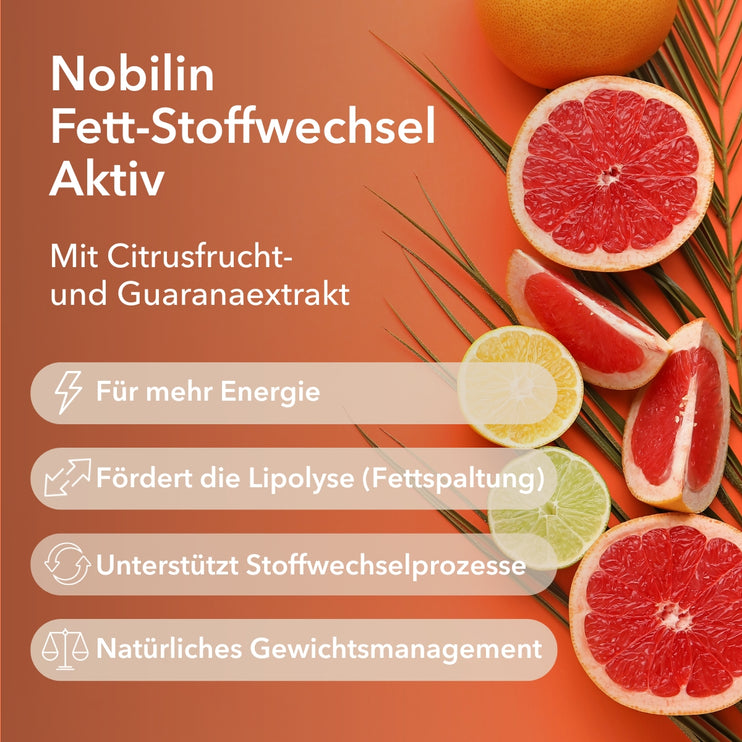 Produktinformationen zu Nobilin Fett-Stoffwechsel Aktiv mit der Angabe von vier Anwendungsgebieten: Lipolyse, für den Stoffwechsel, für mehr Energie und für das natürliche Gewichtsmanagement
