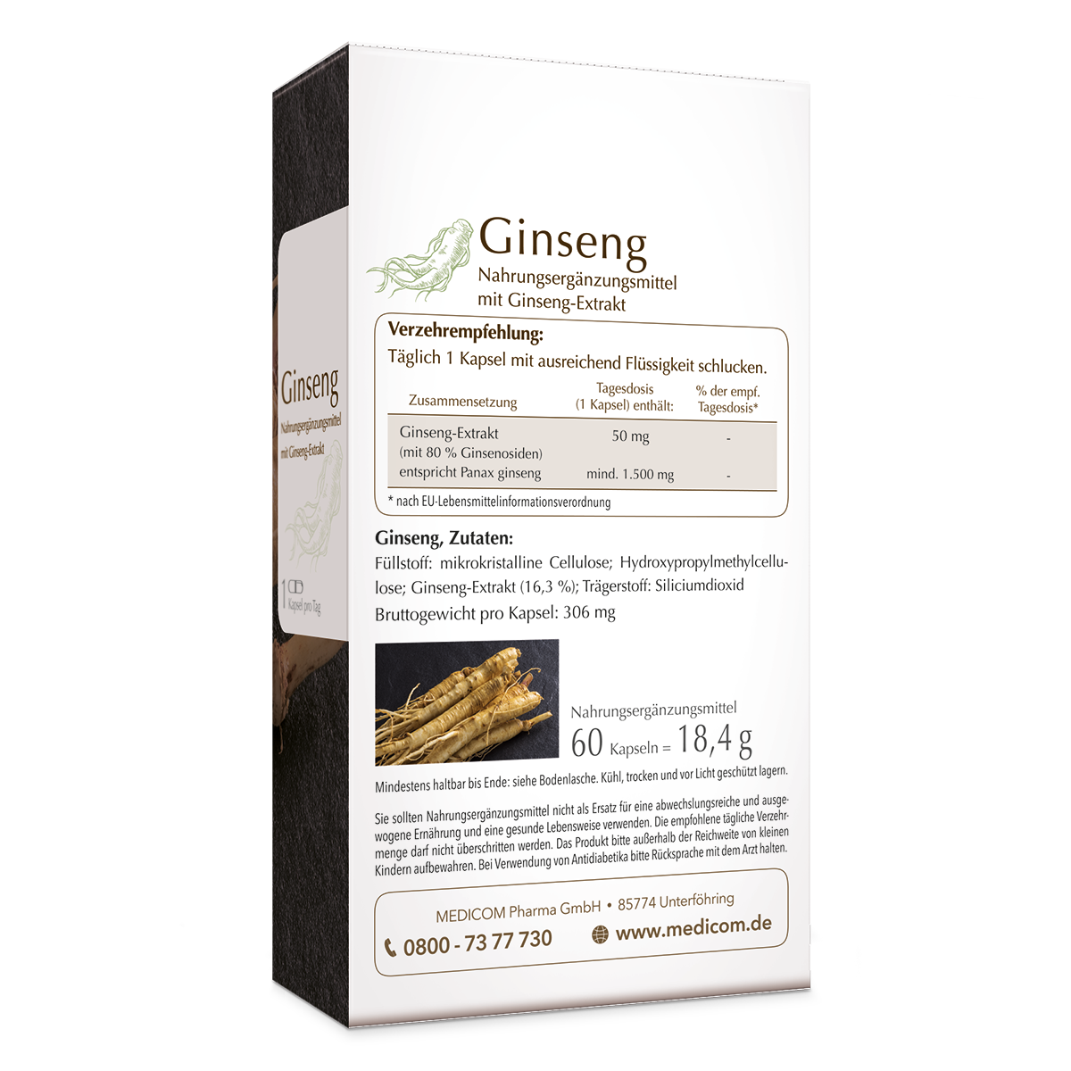 Die Rückseite des Ginseng-Produktes mit Angabe von Verzehrempfehlung und Zutaten sowie Gewicht und Kapselanzahl