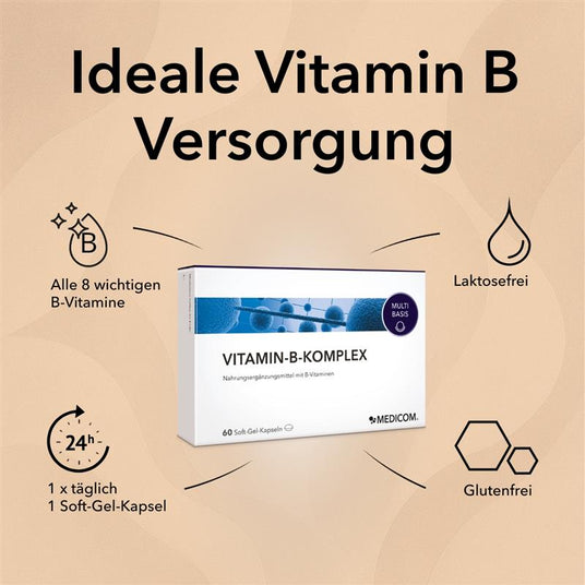 Produktinformationen zu Vitamin-B-Komplex von Medicom: alle 8 wichtigen B-Vitamine, Verzehrempfehlung, laktosefrei und glutenfrei, 60 Soft-Gel-Kapseln
