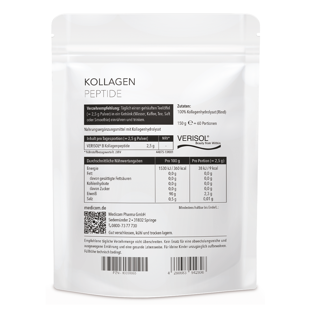 Der Zippbeutel von Kollagen Peptide in der Rückansicht mit genauer Angabe von Verzehrempfehlung, Inhalt pro Tagesportion, Zutaten und durchschnittlichen Nährwertangaben.