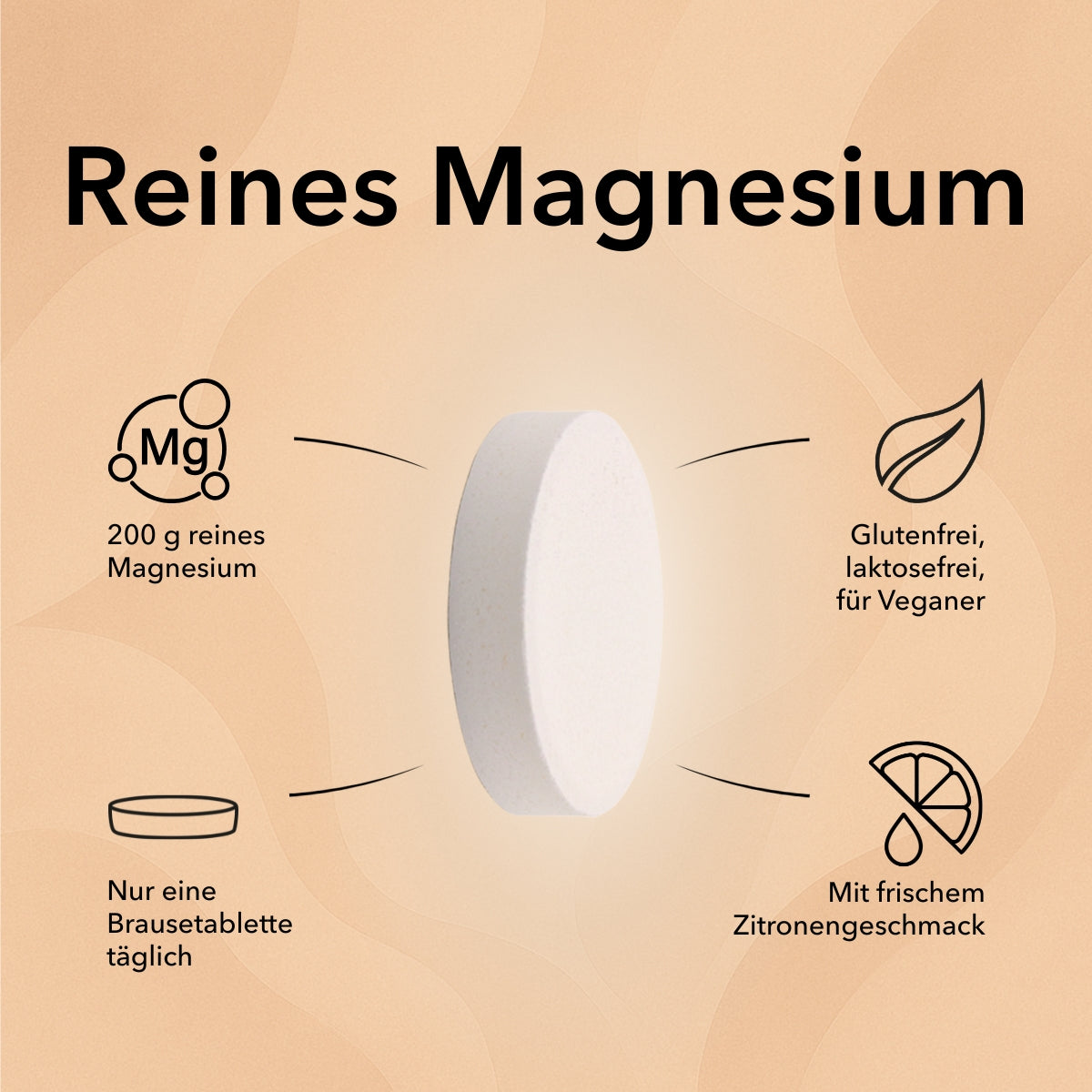 Die Tablette von Magnesium Brausetabletten 200 mg mit Produktinformationen wie 200 g reines Magnesium, nur eine Brausetablette täglich, glutenfrei, laktosefrei, für Veganer, mit frischem Zitronengeschmack.