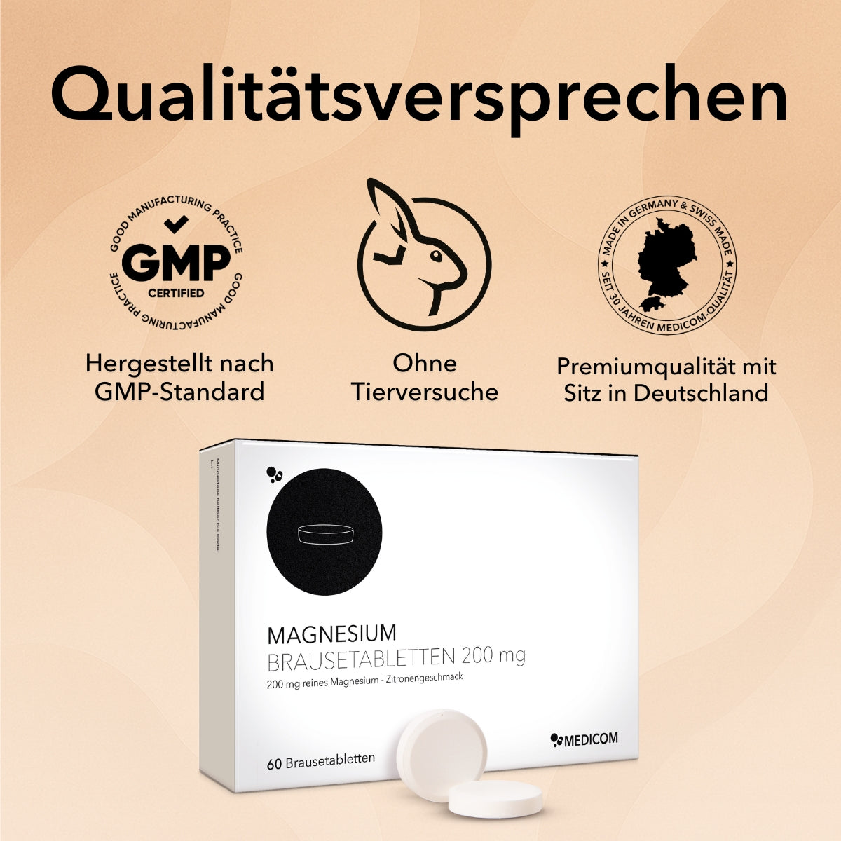 Die Produktverpackung von Magnesium Brausetabletten 200 mg mit Qualitätssiegeln und Zertifikaten