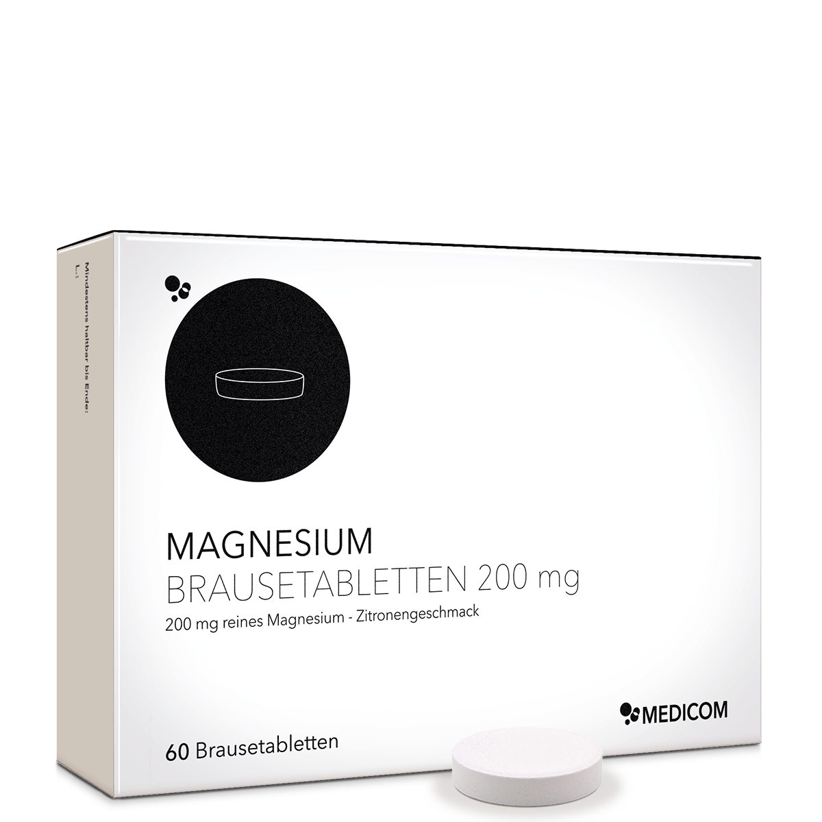 Die Produktverpackung von Magnesium Brausetabletten 200 mg von Medicom mit einer Brausetablette im Vordergrund