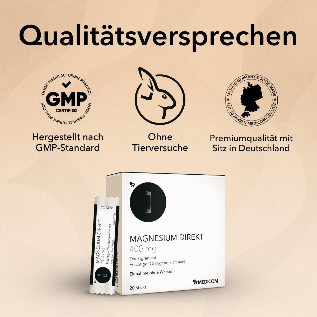 Die Produktverpackung von Magnesium Direkt 400 mg mit der Packung in schwarz und weiß und einem Stick. Qualitätssiegeln und Zertifikate wie GMP Certified, ohne Tierversuche und Premiumqualität mit Sitz in Deutschland