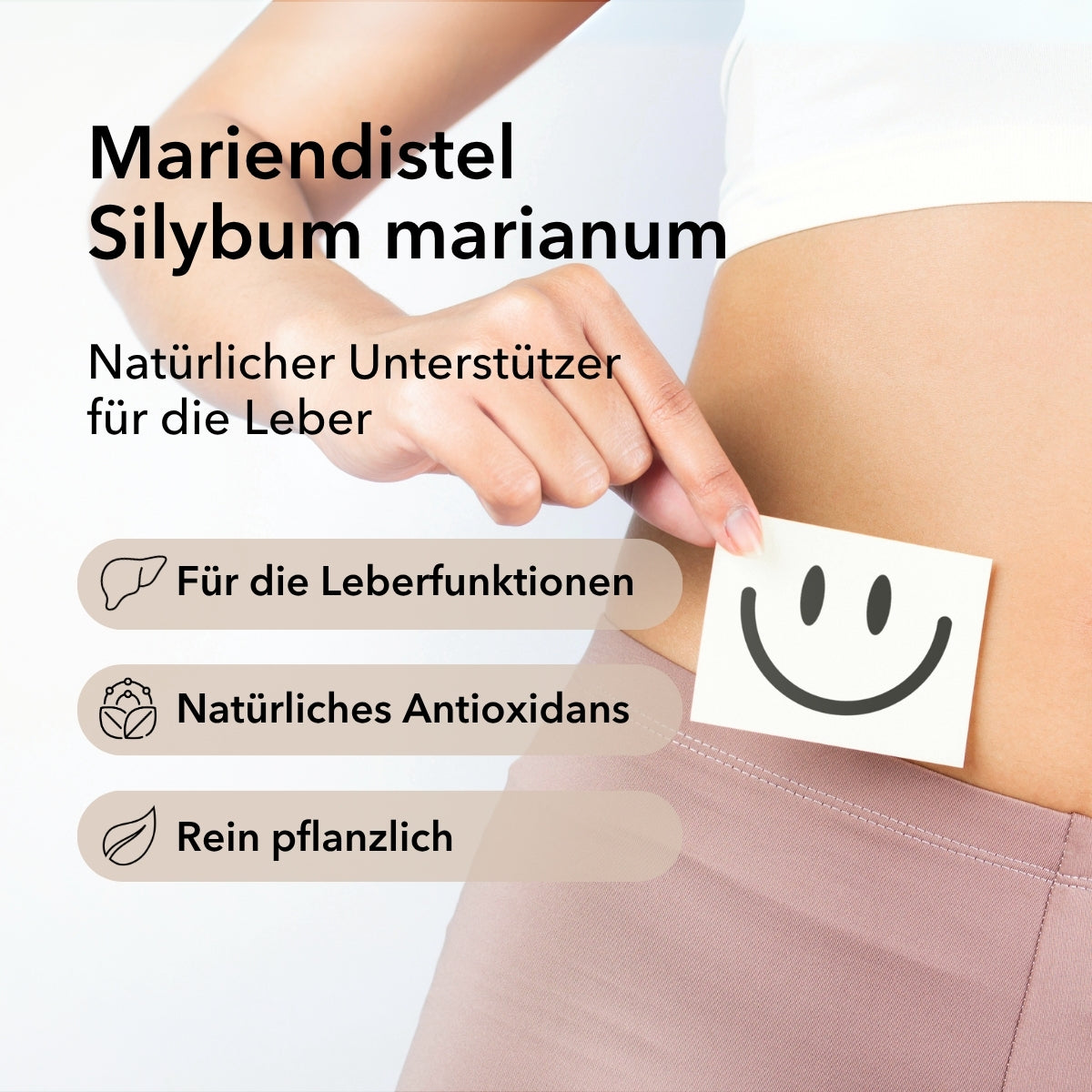Produktinformationen zu Mariendistel von Medicom mit Anwendungsgebieten: für die Leberfunktionen, natürliches Antioxidans, rein pflanzlich. Rechts im Bild: Eine Frau mit einem happy Smiley an ihrer Leber