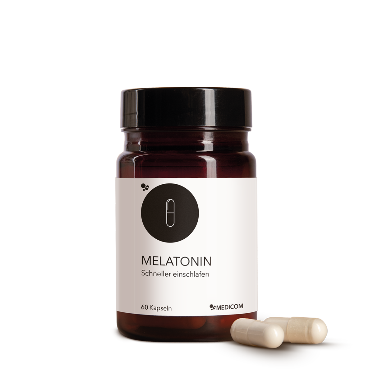 Die Produktdose von Melatonin von Medicom mit 2 Kapseln vor der braunen Dose mit schwarzem Deckel