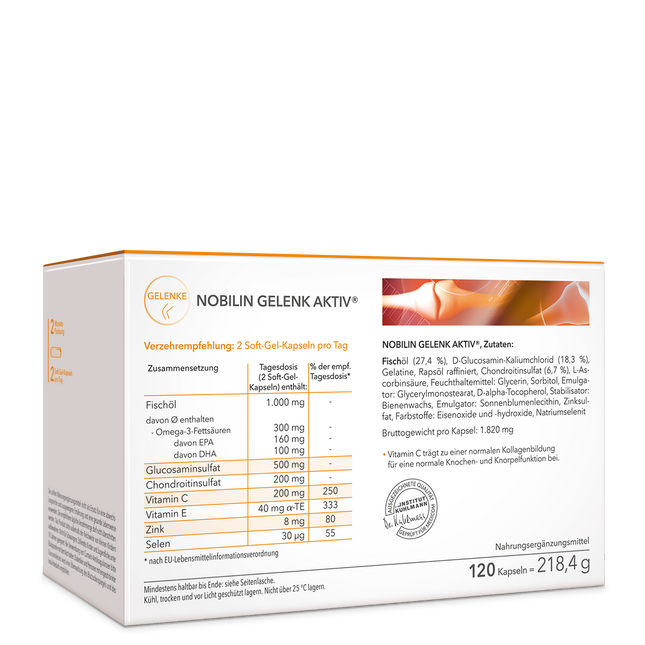 Die Rückseite der Produktpackung  Nobilin Gelenk Aktiv® mit genauer Angabe von Verzehrempfehlung, Zusammensetzung, Zutaten, Kapselanzahl und Bruttogewicht pro Kapsel