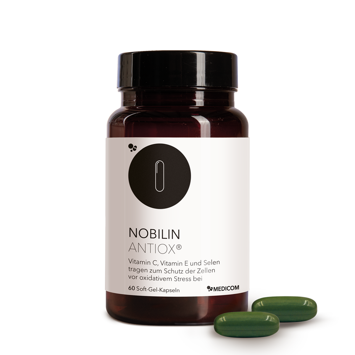 Die Produktdose von Nobilin Antiox® mit zwei grünen Soft-Gel-Kapseln im Vordergrund