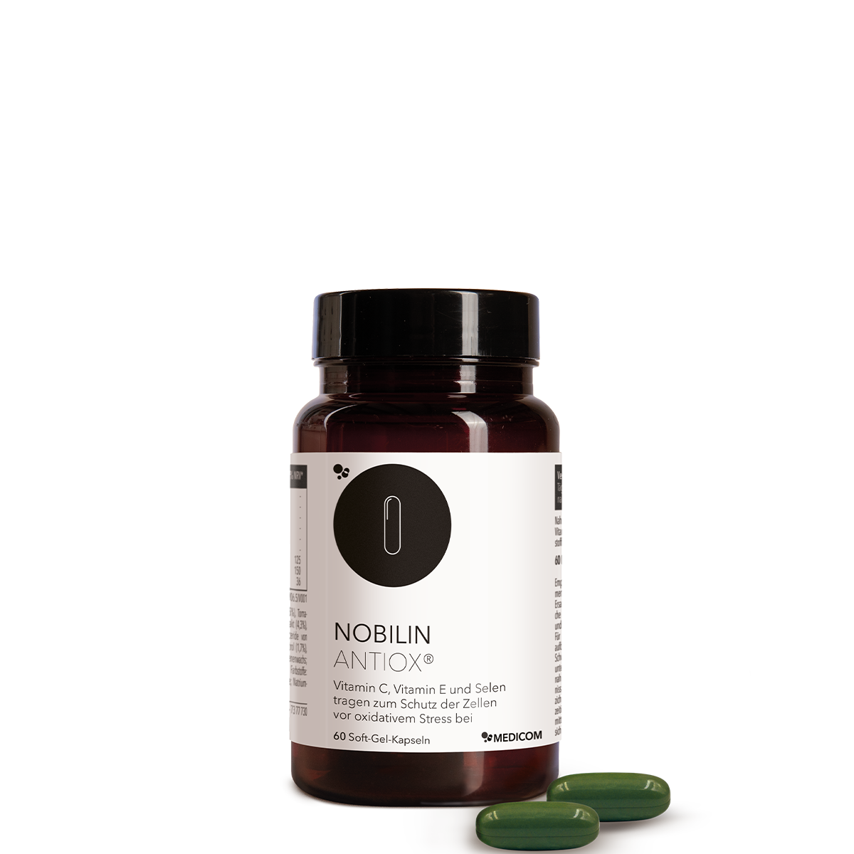Die Produktdose von Nobilin Antiox® in der Vorderansicht mit zwei Soft-Gel-Kapseln davor