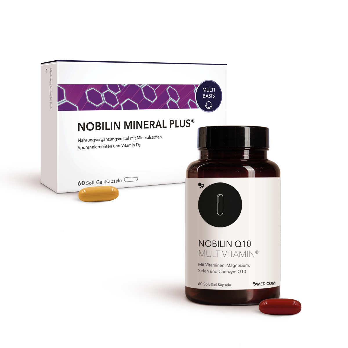 Die Produktkombination von Nobilin First mit Nobilin Mineral Plus® und Nobilin Q10 Multivitamin® in der Vorderansicht