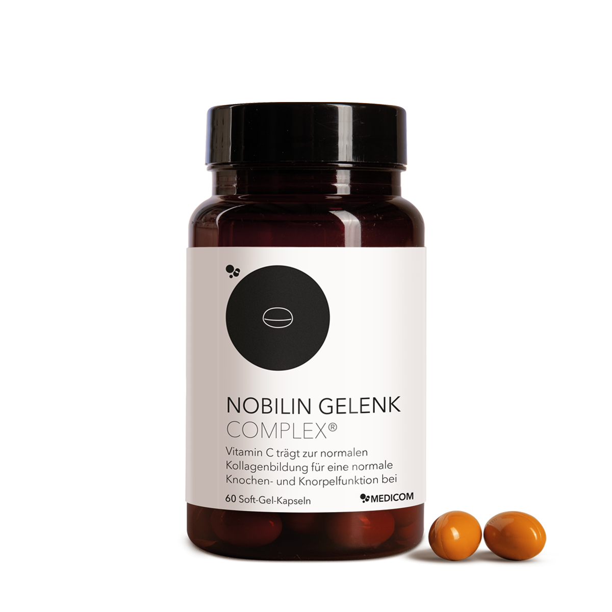 Die Frontansicht von der Nobilin Gelenk Complex® Dose mit 2 Kapseln davor