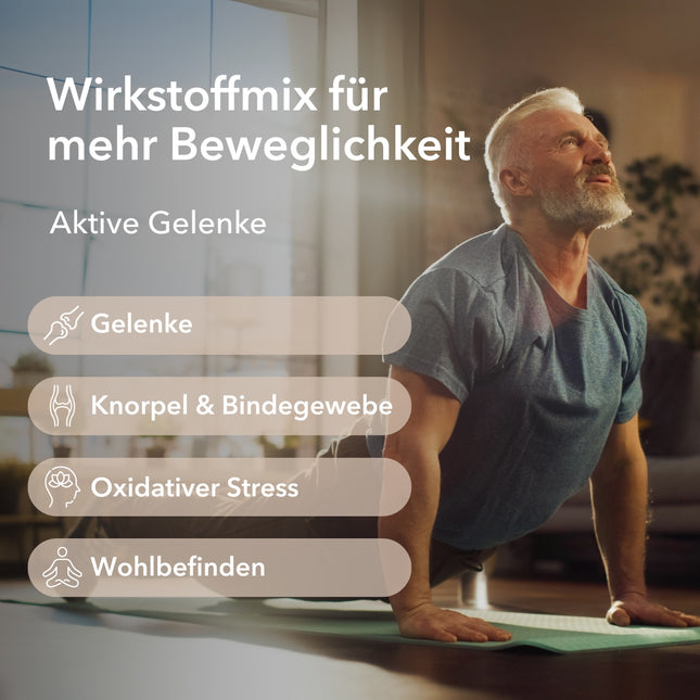 Ein Mann auf einer Yoga Matte. Text mit Produktinformationen zu Nobilin Gelenk Complex® wie Wirkstoffmix für sorglose Beweglichkeit und aktive Gelenke sowie Anwendungsgebiete: Gelenke, Knorpel & Bindegewebe, oxidativer Stress und Wohlbefinden.