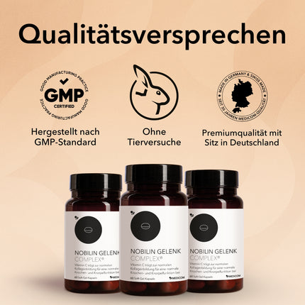 Produktinformationen zu Nobilin Gelenk Complex®: Wirkstoffmix für mehr Beweglichkeit. Darunter ist die Dose des Produktes von Medicom abgebildet und rechts daneben Qualitätsmerkmale wie GMP-Standard