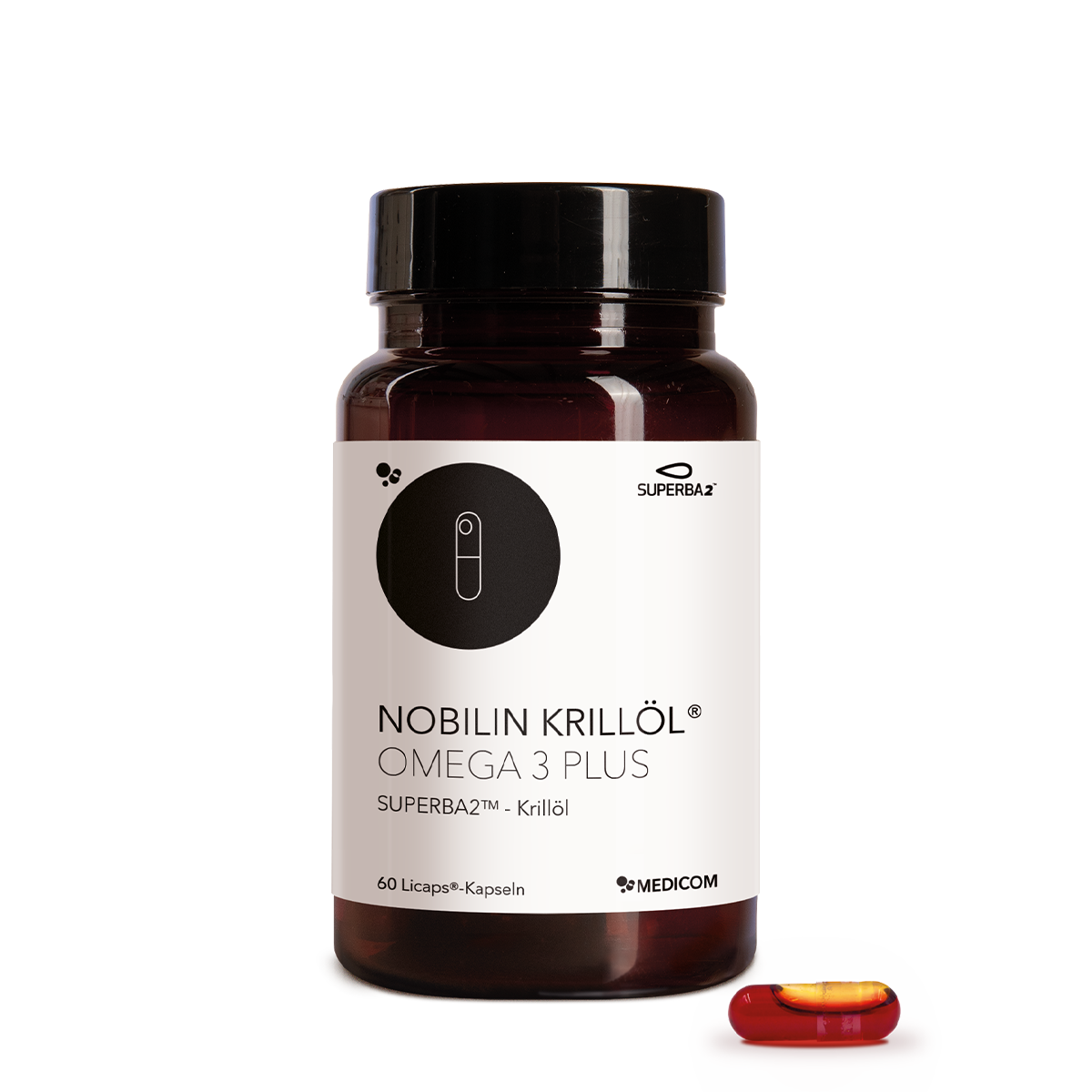 Die Packung von Nobilin Krillöl® Omega 3 Plus mit einer Kapsel im Vordergrund