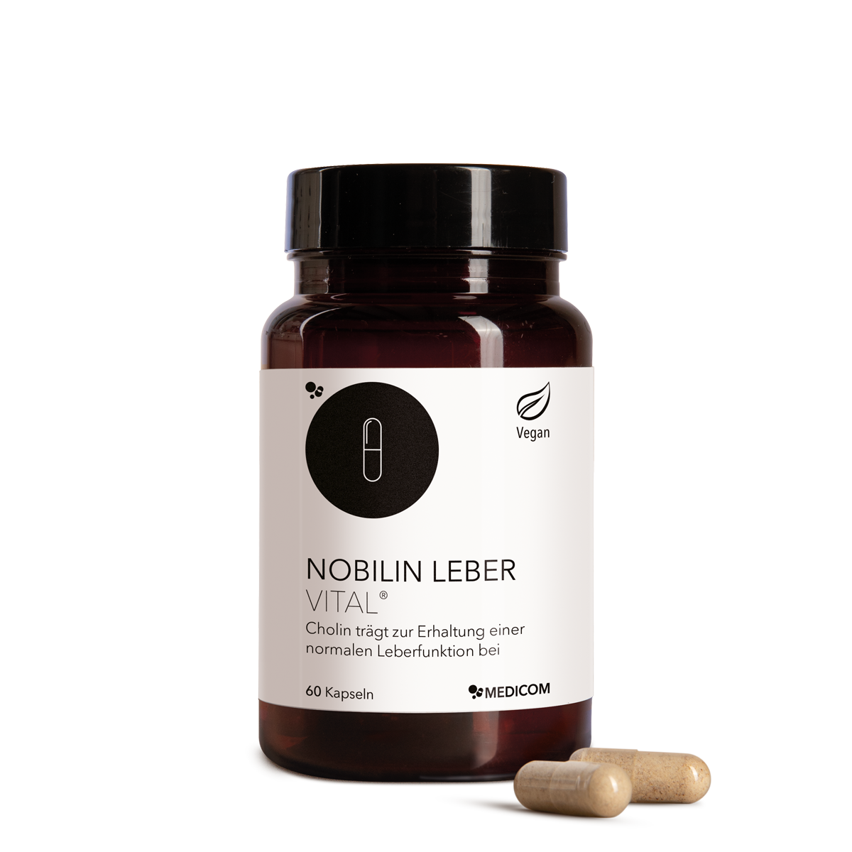 Die Produktdose von Nobilin Leber Vital® und zwei Kapseln im Vordergrund