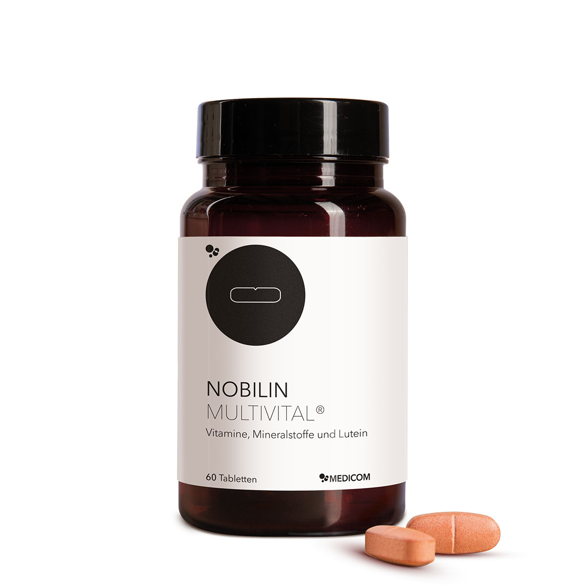 Nobilin Multvital® - die Vorderansicht der Produktdose mit zwei Tabletten im Vordergrund