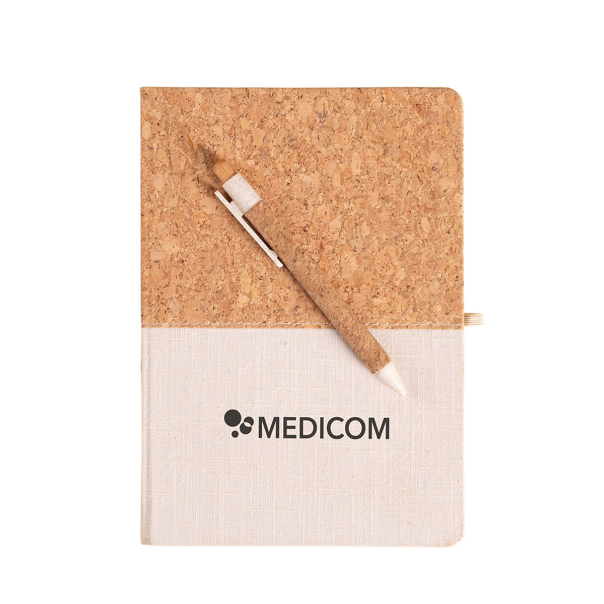Das Notizbuch von Medicom aus Naturkork und aus Baumwolle mit passendem Kugelschreiber. Schreiben Sie gesunde und wertvolle Gedanken direkt auf.