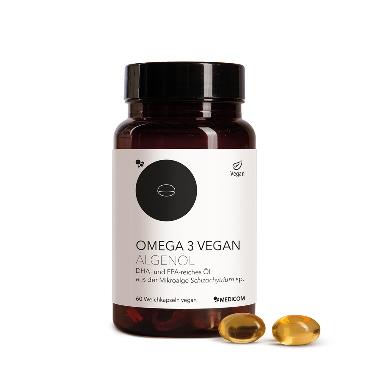 Die Produktdose von Omega 3 Vegan Algenöl von Medicom