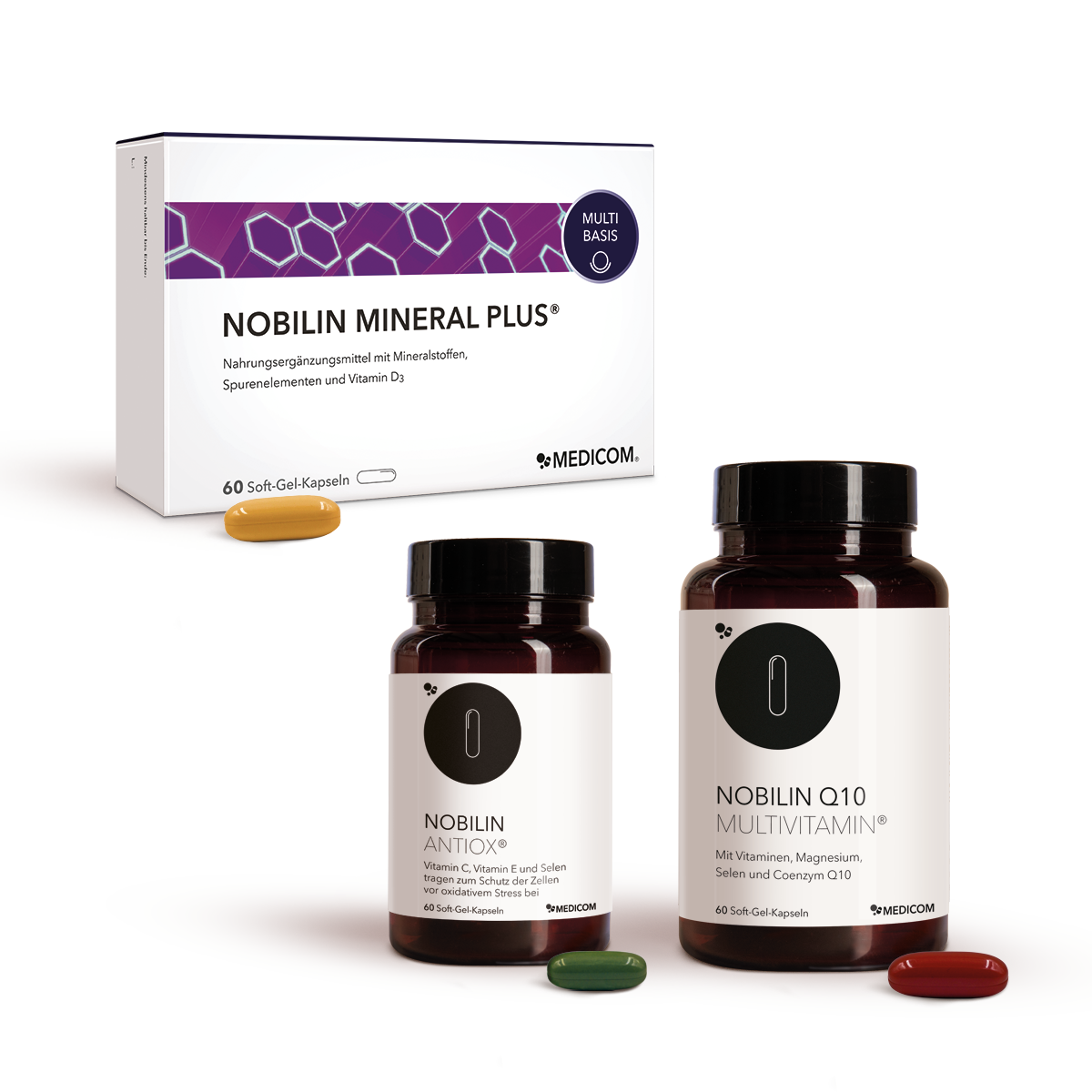 Nobilin Premium: Die sinnvoll dosierte Produktkombination von Medicom mit Nobilin Q10 Multivitamin® in der Dose, Nobilin Mineral Plus® in der Faltschachtel und Nobilin Antiox® in der Dose