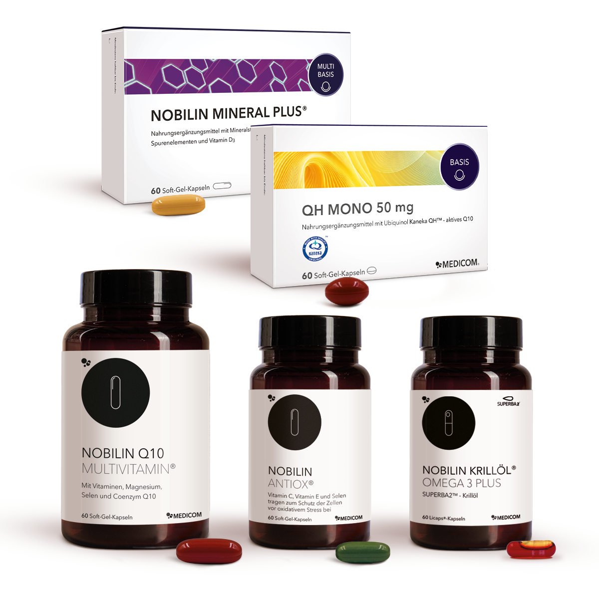 Nobilin Premium Selection Gold: Die sinnvoll dosierte Produktkombination von Medicom mit Nobilin Q10 Multivitamin®, QH Mono 50 mg, Nobilin Mineral Plus®, Nobilin Antiox® und Nobilin Krillöl® Omega 3 Plus