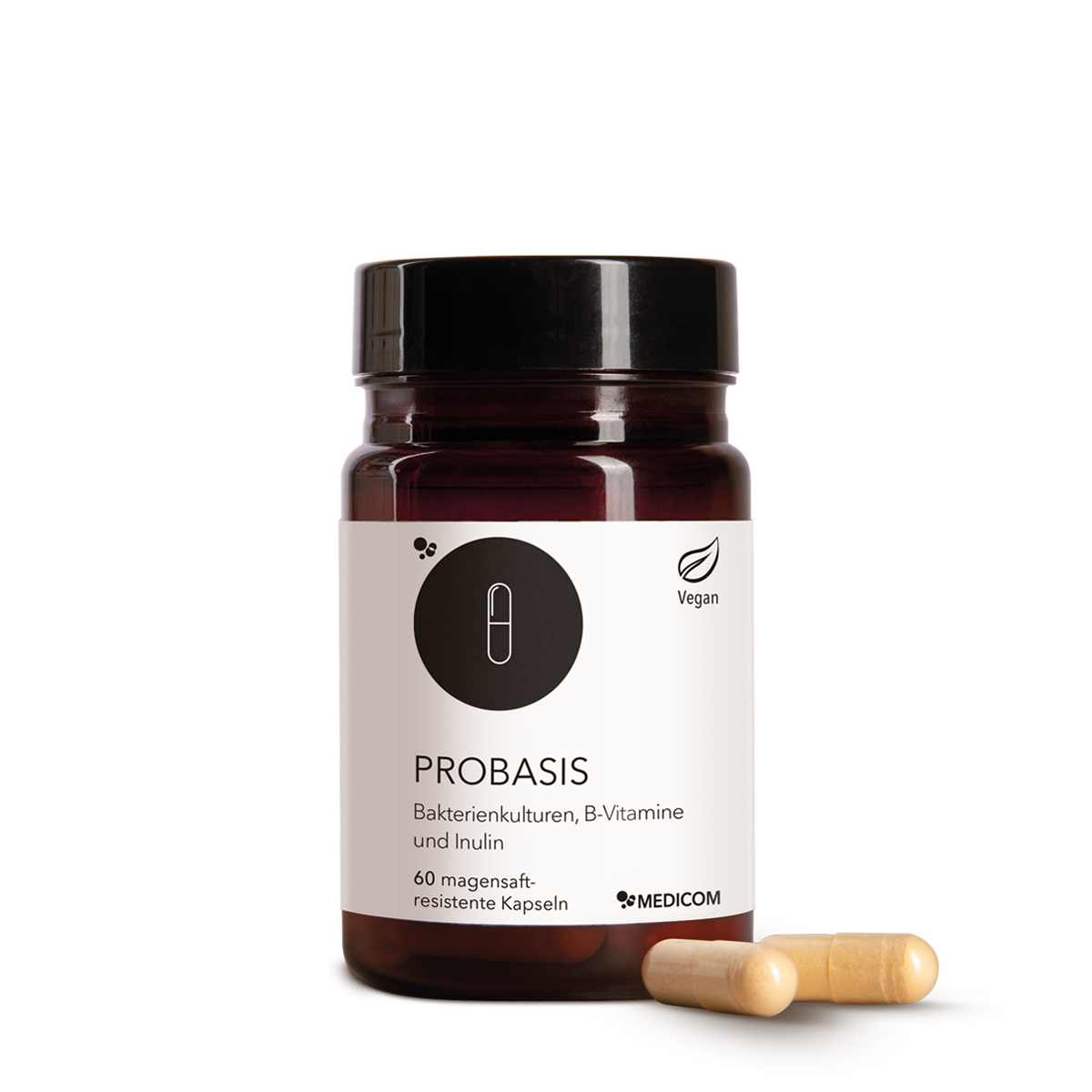 Die Produktdose von ProBasis von Medicom mit zwei Kapseln im Vordergrund.