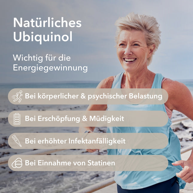Beschreibung der Wirkung  von Ubiquinol: Bei Belastung, Erschöpfung, Infektanfälligkeit, bei Einnahme von Statinen