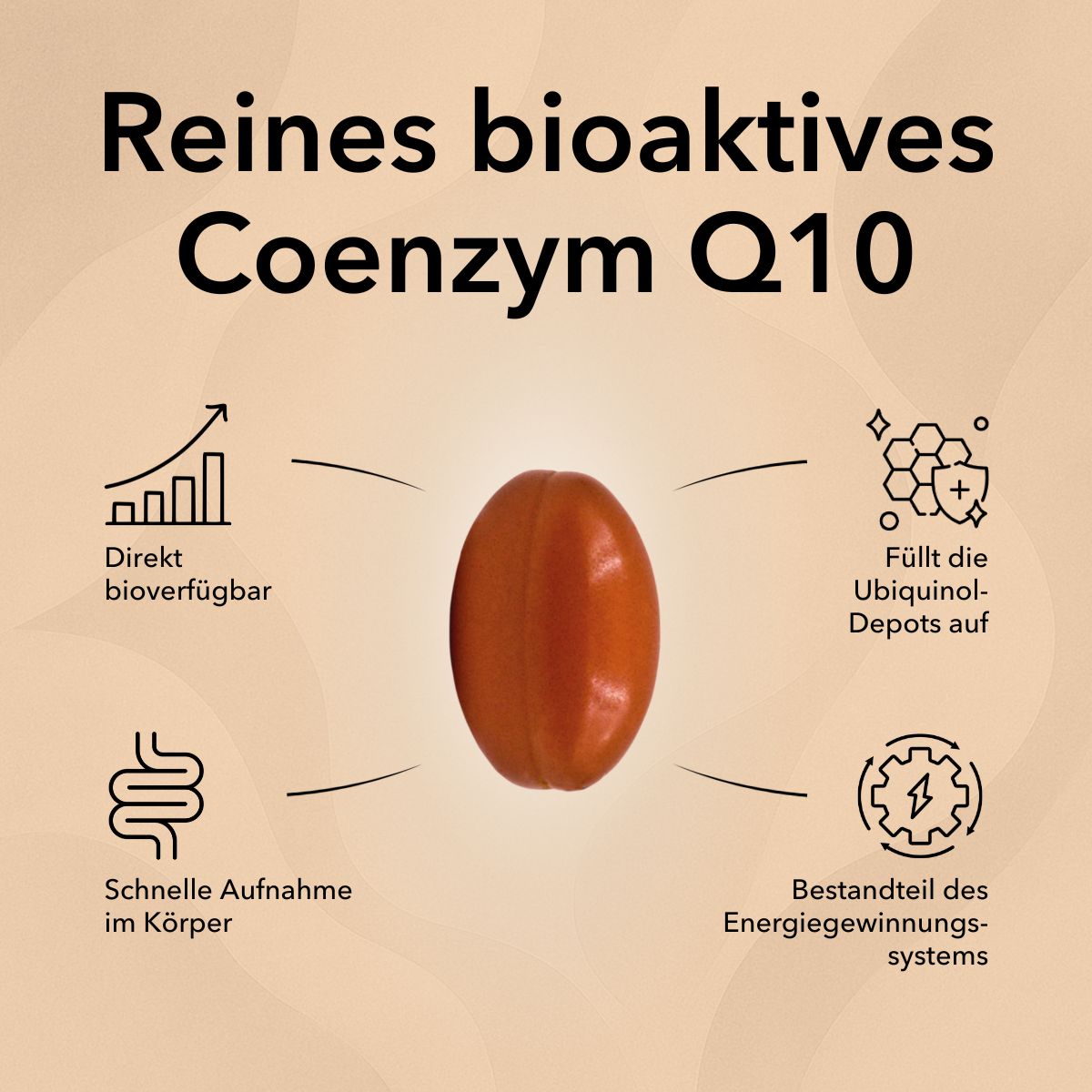 Produktvorteile von QH Mono 100 mg mit vier Produktvorteilen: schnelle Aufnahme im Körper, Füllt die Ubiquinol-Depots auf, Bestandteil des Energiegewinnungssystem, direkt bioverfügbar