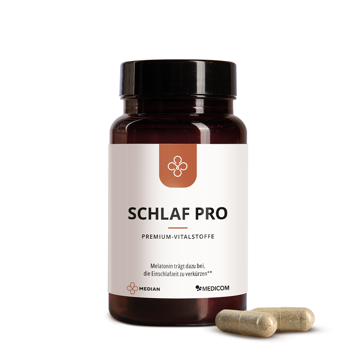 Median Schlaf Pro dark bottle with label and two capsules in front on a white background, formulated to promote faster sleep onset (schnelleres Einschlafen) and enhance sleep quality (Schlafqualität).