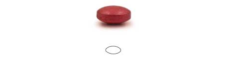 Eine einzelne rote ovale Pille mit einem kleinen leeren ovalen Umriss darunter auf weißem Hintergrund.