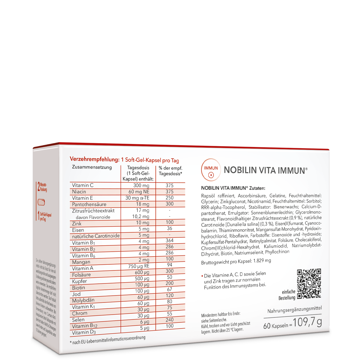Nobilin Vita Immun®– die Rückseite der Produktpackung mit genauer Angabe von Verzehrempfehlung, Zutaten und Zusammensetzung.