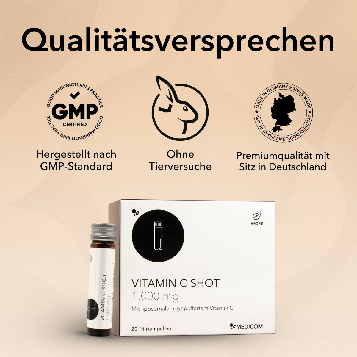 Drei Trinkampullen und die Produktpackung von Vitamin C Shot 1.000 mg sowie Siegel und Qualitätszertifikate zum Produkt und zu Medicom