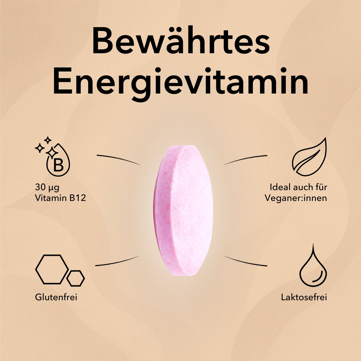 Die Tablette von Vitamin B12 mit Produktinformationen, 30 µg Vitamin B12, ideal auch für Veganer:innen , glutenfrei & laktosefrei