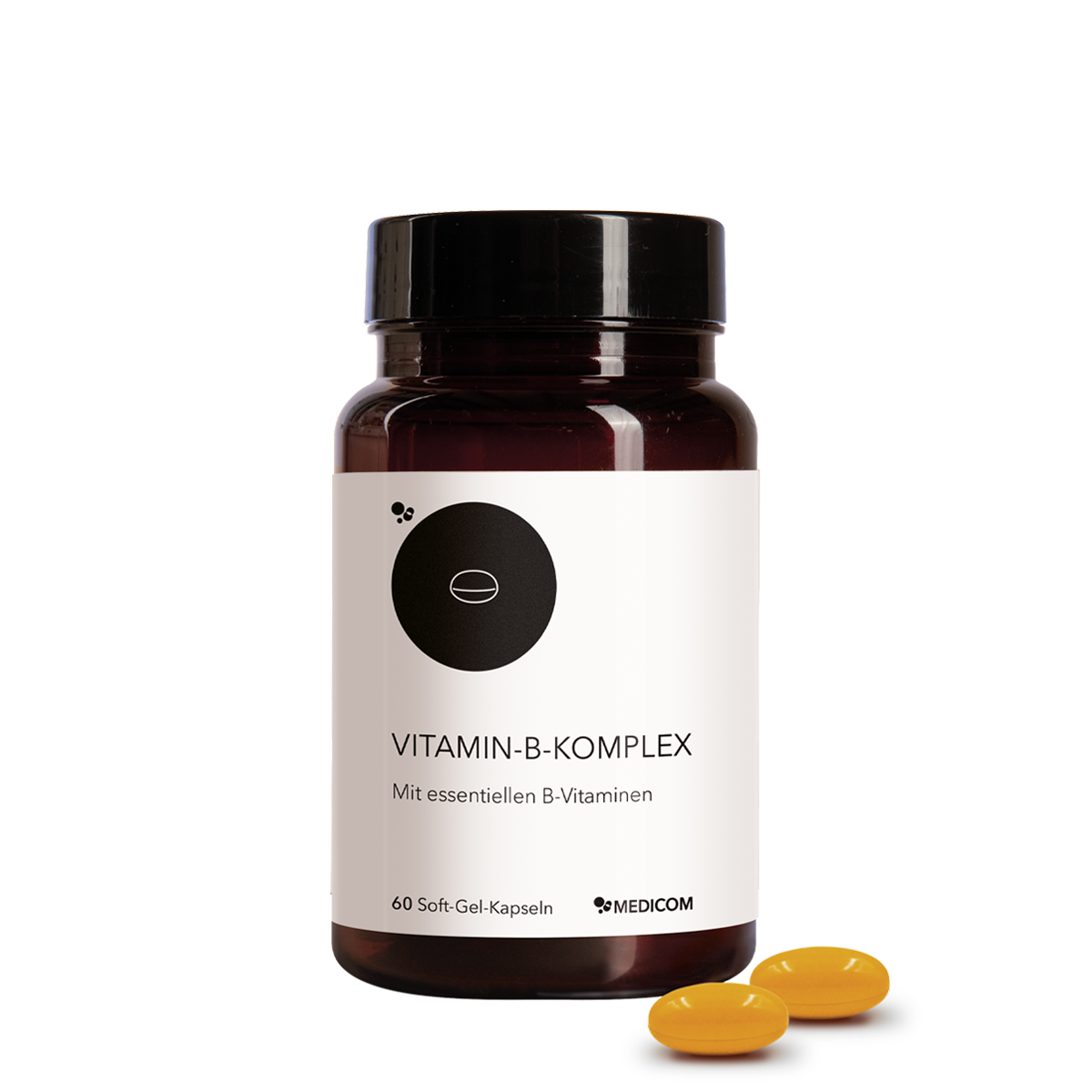 Eine Flasche Medicom Vitamin-B-Komplex mit zwei gelben Kapseln daneben auf weißem Hintergrund – für ein gesundes Nervensystem.