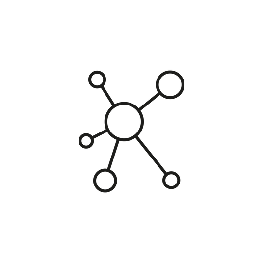 Das Icon für Wissenschaft. Eine Hauptzelle verbunden mit Linien zu anderen Zellen.