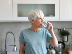 Ältere Frau mit kurzen weißen Haaren trinkt Wasser in einer modernen Küche und trägt ein hellblaues Hemd.