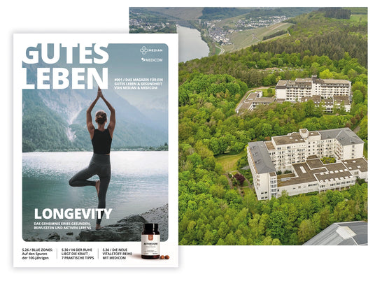 Ein Magazin mit dem Titel GUTES LEBEN überlagert ein Luftbild eines Krankenhauses, das von einem grünen Wald und einem Fluss umgeben ist.