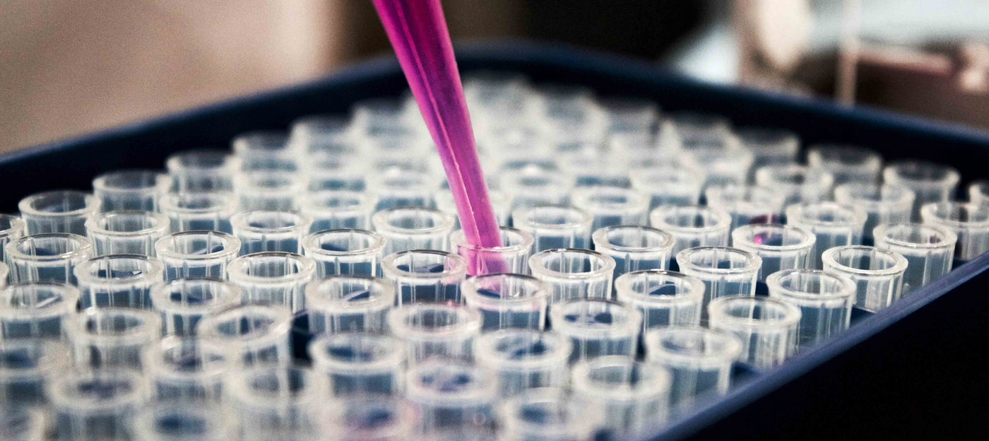 Reagenz-Gläser und eine Pipette mit einer pinklila Flüssigkeit