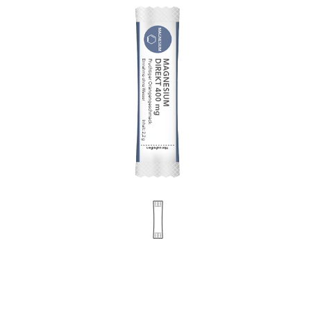 Eine Einzelportionspackung mit der Aufschrift Magnesium Direct 400mg auf einem schlichten weißen Hintergrund.