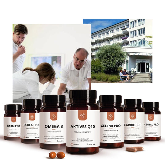 Flaschen mit Nahrungsergänzungsmitteln, Ärzte, die sich beraten, und ein Klinikgebäude im Hintergrund.