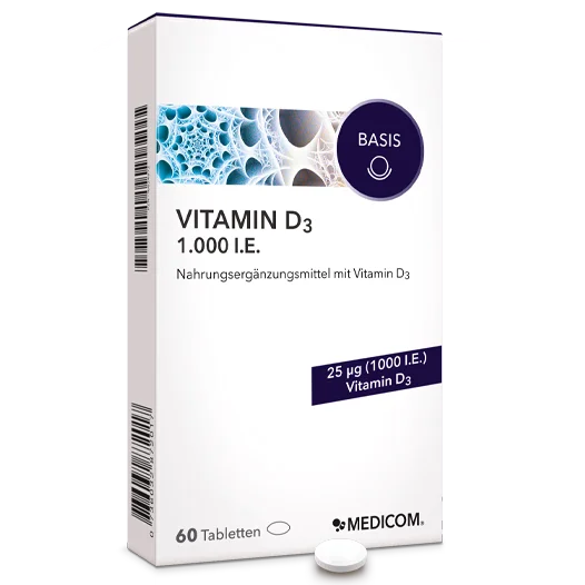 Schachtel mit MEDICOM Vitamin D3 Tabletten, 1.000 I.E., mit einer Tablette auf der Vorderseite der Verpackung.