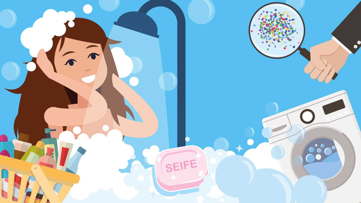 Bunte Illustration mit einer Frau in einer Badewanne. Man sieht Schaum, eine Waschmaschine im Hintergrund, eine rosa Handseife etc.