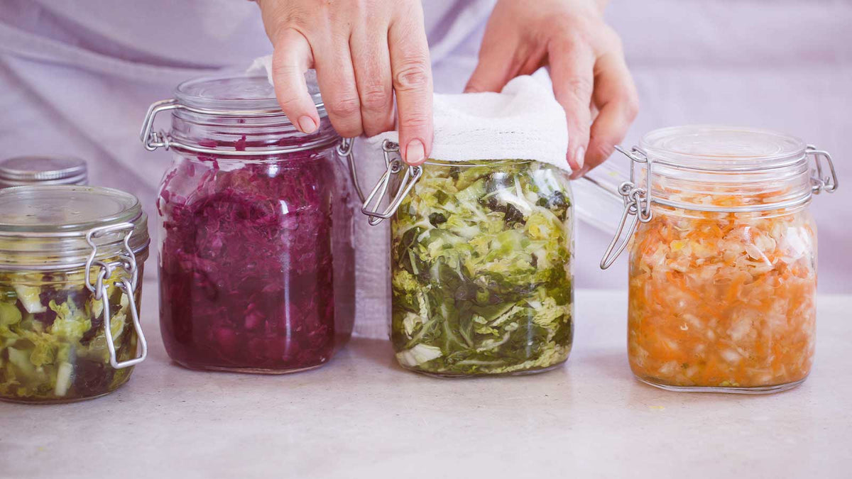 Rotkohl und andere Kohlsorten in Einmachgläsern zur Fermentation